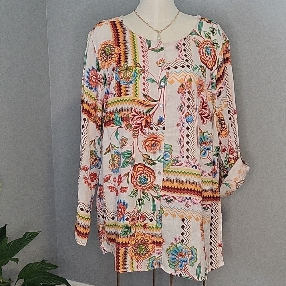 H by Halston Machine Washable Linen Button Down Adjustable Sleeve Tunic Size 3X